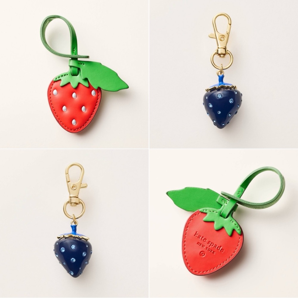 2 Kate Spade Strawberry Keychains in Red/Green and Blue/Gold
